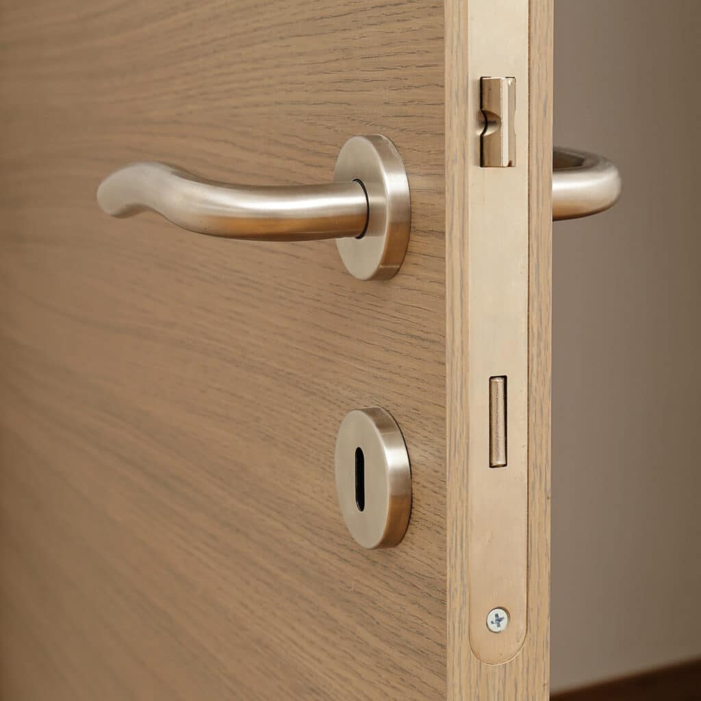 Porte en bois claire, ouverte, avec poignée en métal brossé et mécanisme de serrure apparents. Détails du grain du bois.