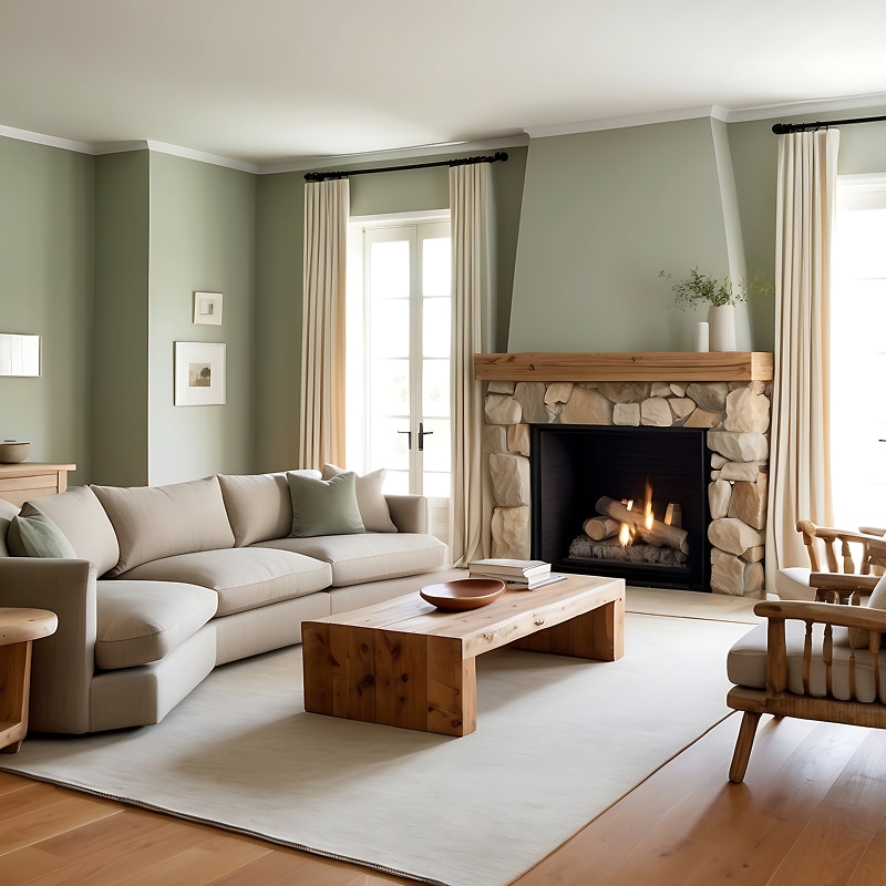 Salon lumineux vert sauge et beige: canapé confortable, cheminée pierre et bois avec feu, table basse moderne. Décoration naturelle, cosy.