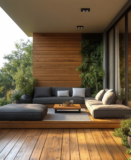 Aménagement extérieur moderne avec canapé gris, table basse en bois, tapis, mur en lattes de bois, plantes luxuriantes et sol en bois.
